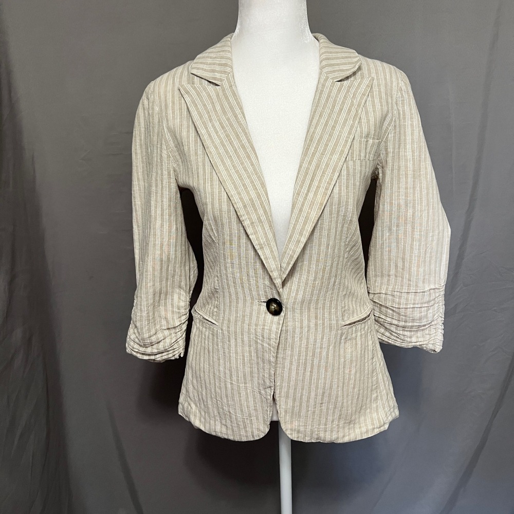 Charlotte Russe Tan‎ Striped Linen Cotton Blazer 3/4 Sleeve Y2K Jacket Size M